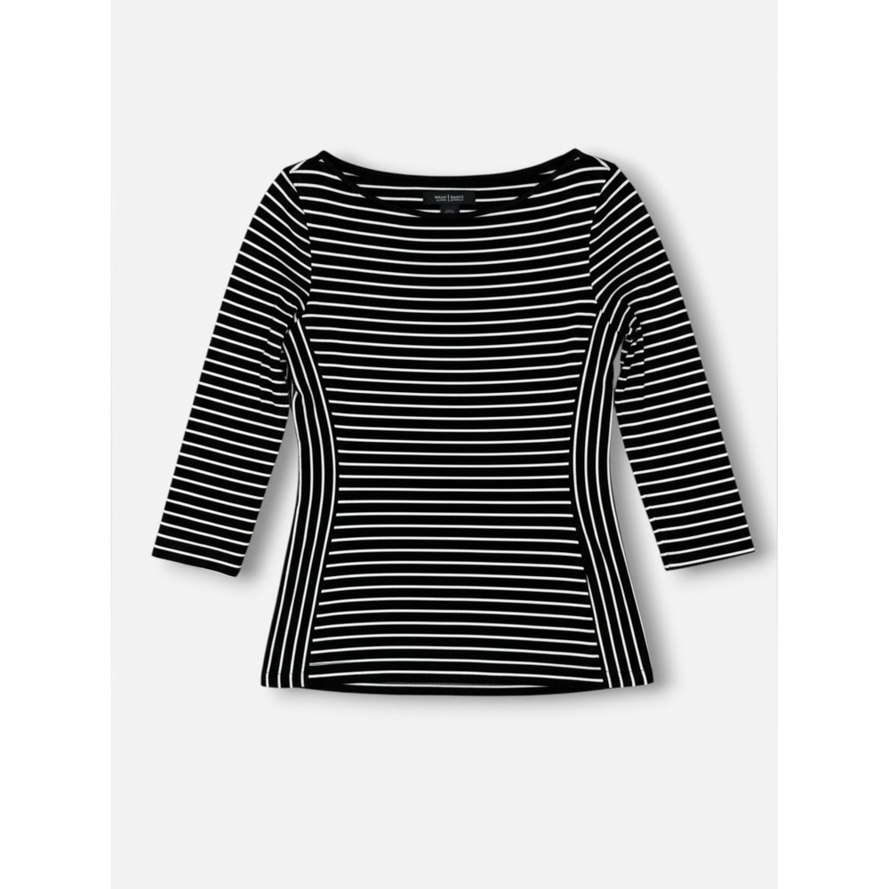 White House Black Market Striped Boat Neck Top Black White XS Fitted
